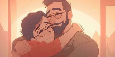 ilustración de un padre abrazos su hijo en un calentar y sentido abrazo en dibujos animados estilo foto