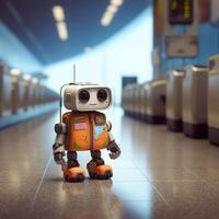 3d render of orange robot in airport terminal. 3d illustration. photo