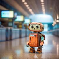 3d render of orange robot in airport terminal. 3d illustration. photo