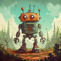 Vintage robot in the forest for background. generative ai photo