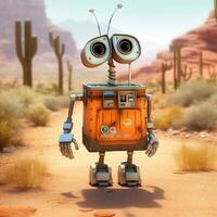 3d representación de un pequeño robot en el Desierto con cactus. generativo ai foto