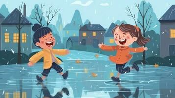happy children playing in the rain. generative ai photo