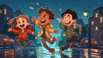 contento niños jugando en el lluvia. generativo ai foto
