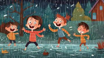 happy children playing in the rain. generative ai photo