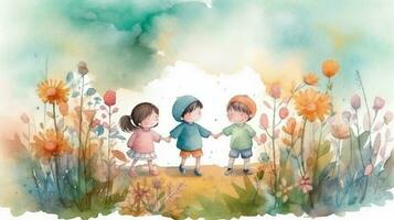 Watercolor illustration of ahappy childrens walking in the rain. Watercolor background. generative ai photo