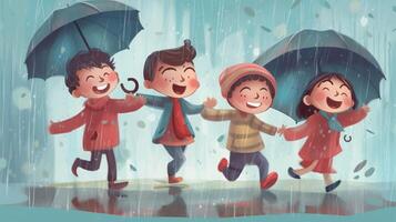 Watercolor illustration of ahappy childrens walking in the rain. Watercolor background. generative ai photo