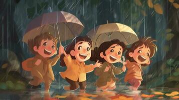 acuarela ilustración de un feliz para niños caminando en el lluvia. acuarela antecedentes. generativo ai foto