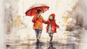 Watercolor illustration of ahappy childrens walking in the rain. Watercolor background. generative ai photo