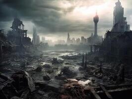 The ruins of the destroyed city. 3d rendering. photo