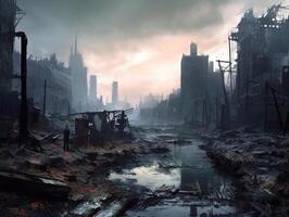 The ruins of the destroyed city. 3d rendering. photo