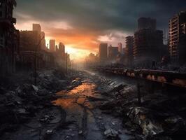 The ruins of the destroyed city. 3d rendering. photo