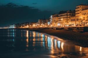 aerial photo from drone of beautiful city and the beach at night ,