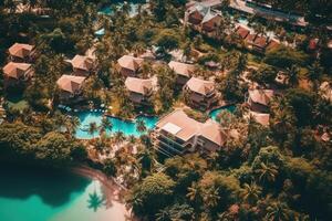 Top view aerial photo from drone of beautiful tropical coastline, resort,