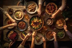 familia Orando antes de cena en acción de gracias cena. ai generado foto