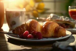 traditional breakfast with fresh croissants. Ai gerated photo