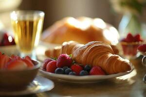 traditional breakfast with fresh croissants. Ai gerated photo