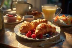 traditional breakfast with fresh croissants. Ai gerated photo