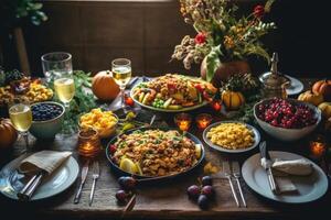 Roasted turkey garnished with cranberries on a rustic style table. photo