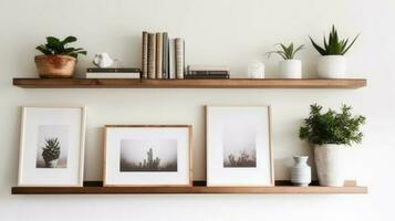 White square frame and a group of indoor plants on a bookshelf. Minimal composition. Ai gerated photo