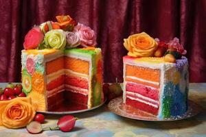 Rainbow cake on dark background photo