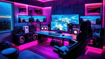 Gamer ergonomic chair with remote controller car, wireless VR and entertainment gadget in neon light room photo