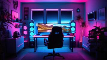 Gamer ergonomic chair with remote controller car, wireless VR and entertainment gadget in neon light room photo