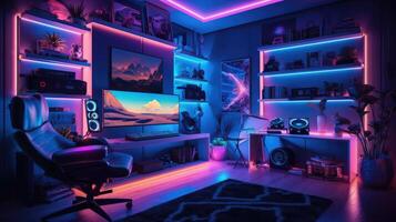 Gamer ergonomic chair with remote controller car, wireless VR and entertainment gadget in neon light room photo