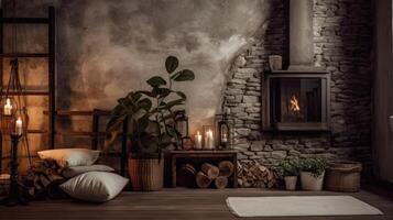 Modern interior house with bright living room, fire in new fireplace. photo