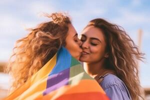 happy young women embracing holding LGBTQ flag. photo