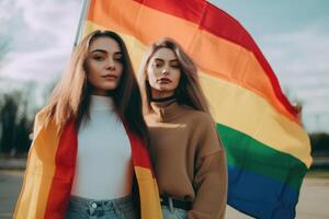 happy young women embracing holding LGBTQ flag. photo