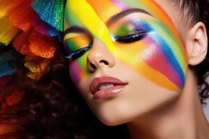 young woman with LGBTQ flag makeup. photo