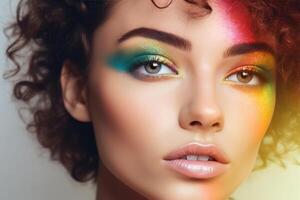 young woman with LGBTQ flag makeup. photo