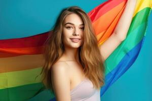 happy young woman holding LGBTQ flag over head. photo