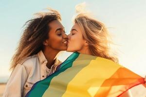 happy young women embracing holding LGBTQ flag. photo