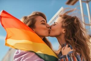 happy young women embracing holding LGBTQ flag. photo