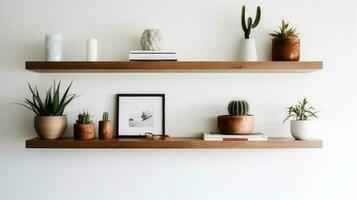 White square frame and a group of indoor plants on a bookshelf. Minimal composition. Ai gerated photo