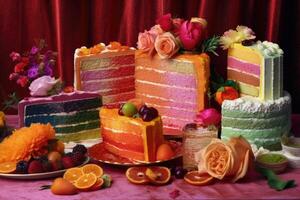 Rainbow cake on dark background photo