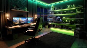 Gamer ergonomic chair with remote controller car, wireless VR and entertainment gadget in neon light room photo