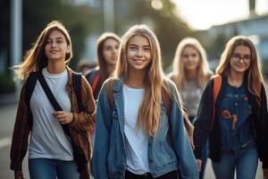 Students walking to school together. photo