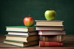 Colored books background in the light of morning.Yellow,red, green, brown book stack. photo