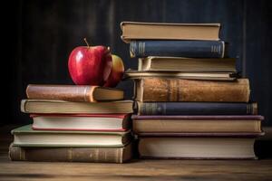 Colored books background in the light of morning.Yellow,red, green, brown book stack. photo