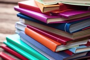 Colored books background in the light of morning.Yellow,red, green, brown book stack. photo