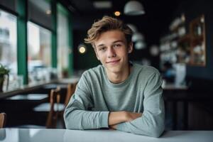 happy teen boy sitting in cafe after classes, photo