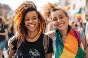 happy young women embracing holding LGBTQ flag. photo