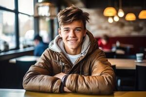 happy teen boy sitting in cafe after classes, photo