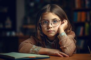 portrait of thoughtful girl doing homework. photo