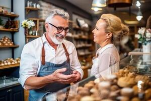 owner of confectioner shop talking to the client, AI Generative photo