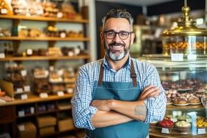 Portrait of confident chocolatier businessman standing in her shop arms crossed looking to camera. photo