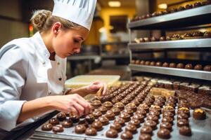 female master chef chocolatier working in artisanal professional chocolate laboratory, photo