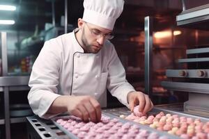 male master chef chocolatier working in artisanal professional chocolate laboratory, AI Generative photo